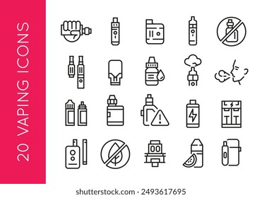 Vaping icons. Set of 20 vaping trendy minimal icons. Hand holding vape, vape pen, e-liquid bottle and person vaping icon. Design signs for web page, mobile app, packaging design. Vector illustration