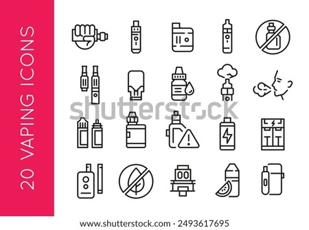 Vaping icons. Set of 20 vaping trendy minimal icons. Hand holding vape, vape pen, e-liquid bottle and person vaping icon. Design signs for web page, mobile app, packaging design. Vector illustration