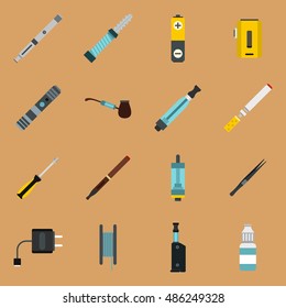 Vaping icons set in flat style on a sandy brown background. Electronic cigarette and accessories set collection vector illustration