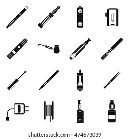 Vaping icons set in simple style. Electronic cigarette and accessories set collection vector illustration