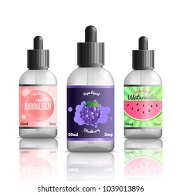 Vaping identity realistic set with isolated images of refill bottles for vape liquids of different flavour vector illustration