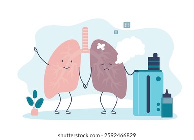 Vaping leads to disease, cancer. Happy healthy lung, sick unhappy lung mascot holding e-cigarette or vape device. Internal organ need medical help. Lungs disease from smoking and vaping, concept.