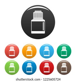Vaping liquid bottle icons set 9 color vector isolated on white for any design