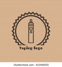 Vaping logo with e-cigarette on the cardboard background. Stock vector.