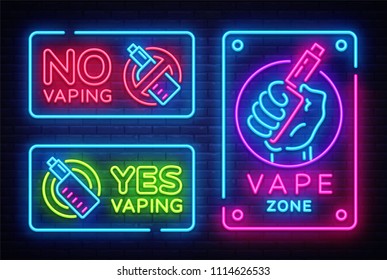 Mapa vectorial de colección de signos de neón abdominal, banner luminoso, ilustración nocturna brillante, símbolo, lugares para la violación, no vaping, prohibición de vaping, neón de cigarrillo electrónico. Ilustración del vector