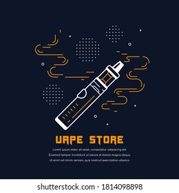 Vaping pen device kit and mod. Vape shop badge design isolated on black background. Flat style outline vector illustration of electronic cigarette. Vape smoking concept.