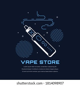 Vaping pen device kit and mod. Vape shop badge design isolated on black background. Flat style outline vector illustration of electronic cigarette. Vape smoking concept.