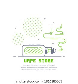 Vaping pen device kit and mod. Vape shop badge design isolated on white background. Flat style outline vector illustration of electronic cigarette. Vape smoking concept.