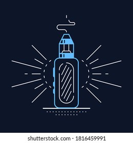 Vaping pen device kit and mod. Vape shop badge design isolated on black background. Flat style outline vector illustration of electronic cigarette. Vape smoking concept.