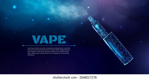 Vaping pen device kit and mod wireframe. Poster template with glowing low poly vaping box. Futuristic modern abstract. Isolated on dark blue background. Vector illustration.