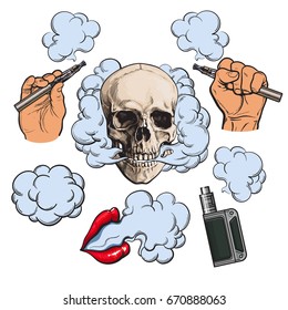 Vaping related elements, symbols - smoke, skull, vaporizer, e-cigarette, sketch vector illustration isolated on white background. Vaping - hand holding e-cigarette, vaporizer, smoking lips, skull