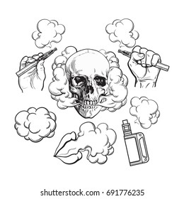 Vaping related elements, symbols - smoke, skull, vaporizer, e-cigarette, black and white sketch vector illustration isolated on background.