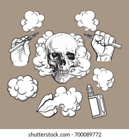 Vaping related elements, symbols - smoke, skull, vaporizer, e-cigarette, black and white sketch vector illustration on color background.
