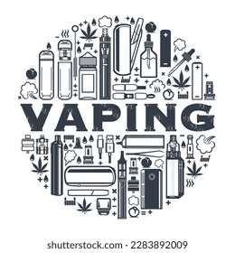 Vaping round frame for product design. Cigarettes, liquid vaporizers, marijuana leaf. Vector isolated on white background.