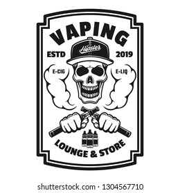 Vaping shop vector monochrome square emblem, badge, label or logo with skull and electronic cigarette vapor isolated on white background
