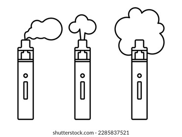 Signo de abertura, conjunto de símbolos. Ilustración vectorial. Colección electrónica de cigarrillos. Vape al vaporizador de la pluma. Dispositivo para fumar bolígrafo. Modelo de cig electrónico de vapor de humo para líquido electrónico. Producto portátil personal