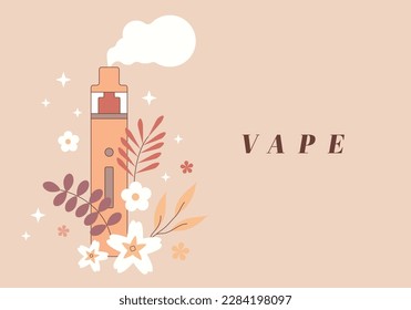 Vaping sign, symbol. Vector illustration. Electronic cigarette with flowers. Vape pen vaporiser. Vape pen smoking device. Smok vaping e-cig model for e-liquid. Personal portable product