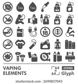 Colección o bocetos de símbolos de vapeo, tema de Elementos de vapeo con signos de estilo glifo para Web y App. Gráficos de Vector aislados sobre fondo blanco