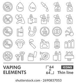Vaping Symbole Sammlung oder Skizzen, Vaping Elemente Thema mit dünnen Linien Stil Zeichen für Web und App. Vektorgrafiken einzeln auf weißem Hintergrund