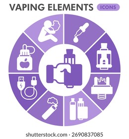 Vaping symbols collection or sketches, vaping elements theme bubble with glyph style signs for web and app. Vector graphics isolated on white background
