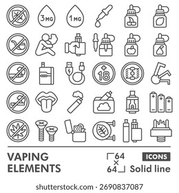 Colección o bocetos de símbolos de vapeo, tema de Elementos de vapeo con signos de estilo de línea para Web y App. Gráficos de Vector aislados sobre fondo blanco