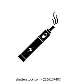 Vaping tool with smoke, detailed black icon, electronic cigarette sign isolated on white