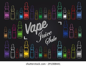 Cartel de venta de jugo de uva con ilustraciones de diferentes botellas de vapor de color. Vector de estilo de cartón.