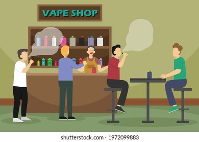 Vaping vector concept. Group of men enjoying vape in vape shop