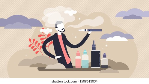 Vaping vector illustration. Flat tiny alternative smoking device person concept. Analog nicotine intake with vape cigarette as modern dangerous addiction. Toxic unhealthy habit with death consequences