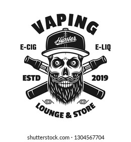 Vaping vector monochrome emblem, badge, label or logo with bearded skull in cap and two crossed electronic cigarettes isolated on white background