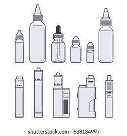 Conjunto vectorial de Vaping. Los zumos y los dispositivos se dibujan sobre fondo blanco.