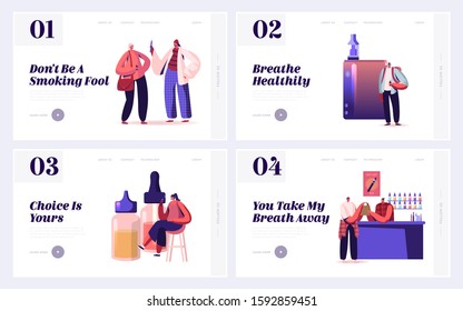 Vaping Website Landing Page Set. Male and Female Characters Vapers Smokers Buying and Smoking Vapes in Bar and Special Shops. Bad Habit, Addiction Web Page Banner. Cartoon Flat Vector Illustration