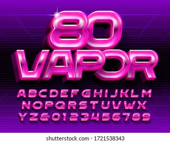 Vapor 80 alphabet font. Glowing 3D retro letters and numbers. Stock vector typescript in 80s style for your typography design.