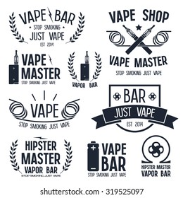 Vapor bar and vape shop logo and e-cigarette icons. Isolated on white background