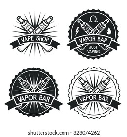  Vapor bar and Vape shop logo. Black print on white background. Vector illustration of Electronic cigarette. Vape trend.