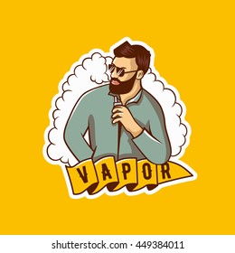 Vapor man. Man with vape and cloud. Electronic Cigarette. Vector. Stickers, logo, Emblem