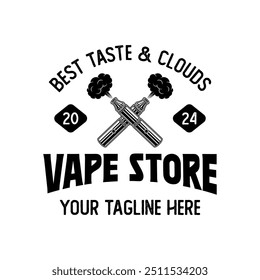 Vapor loja logotipo emblema vetor isolado. Logotipo da loja de fumaça. Vape loja, vaping clube logotipo emblema isolado. Rótulo monocromático para cigarros eletrônicos e de vaping.