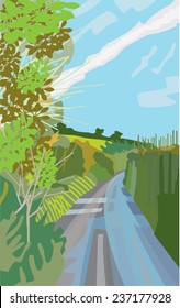 Vapor trail or contrail seen above a winding country road.