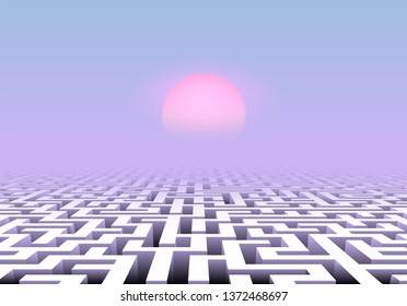 Vapor wave styled scenic landscape with maze below pink and blue sky and pale sun over mysterious labyrinth