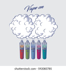 Vaporizer graphic illustration. Multi-colored Vaporizer with clouds of steam on a white background.