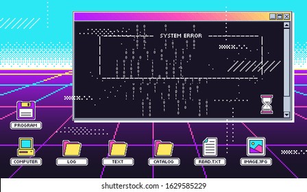 Vaporwave 80s Interface Screen. Retro Terminal Or Old Computer Screen, Virtual Hack Attack And Program Glitch System Error Vector Illustration. Nostalgic OS Desktop With Graphical Control Elements.