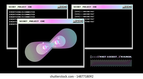 Vaporwave 80s-90s retrofuturistic background with opened terminal console, command-line interface of programs. HUD cyberpunk user interface.