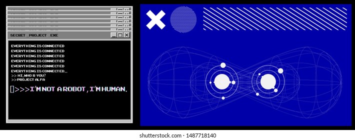 Vaporwave 80s-90s retrofuturistic background with opened terminal console, command-line interface of programs. HUD cyberpunk user interface.