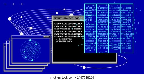 Vaporwave 80s-90s retrofuturistic background with opened terminal console, command-line interface of programs. HUD cyberpunk user interface.