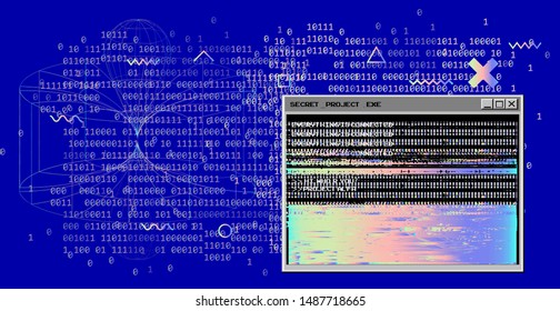 Fondo retrofuturista Vaporwave 80s-90s con consola terminal abierta, interfaz de línea de comandos de los programas. Interfaz de usuario HUD cyberpunk.