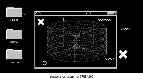 Vaporwave 80s-90s retrofuturistic background with opened terminal console, command-line interface of programs. HUD cyberpunk user interface.