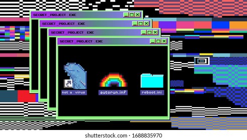Vaporwave 80s-90s retrofuturistic background with opened terminal console, command-line interface of program. Glitched and pixelated computer screen.