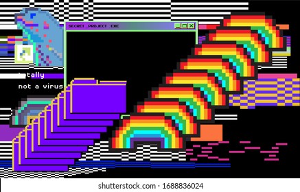 Vaporwave 80s-90s retrofuturistic background with opened terminal console, command-line interface of programs. Glitched and pixelated computer screen.