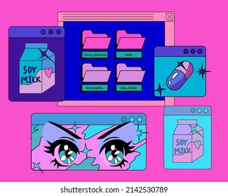 Vaporwave the 90's like style collage with user interface elements and cartoon anime illustrations.
