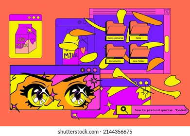 Vaporwave the 90's like style collage with user interface elements and cartoon anime illustrations.
